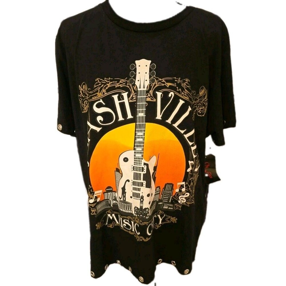 On Fire 1X Nashville Music City Guitar Graphic Tee Black Grommet Trim NWT